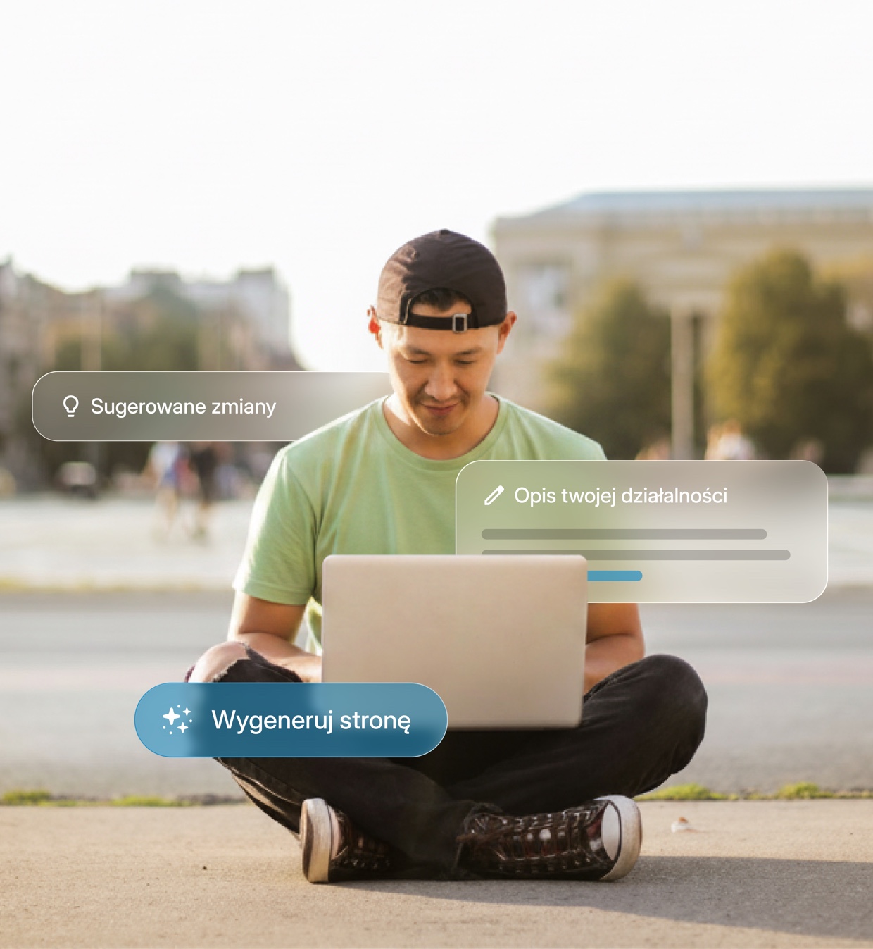 Building a website in the AI builder — a man with a laptop