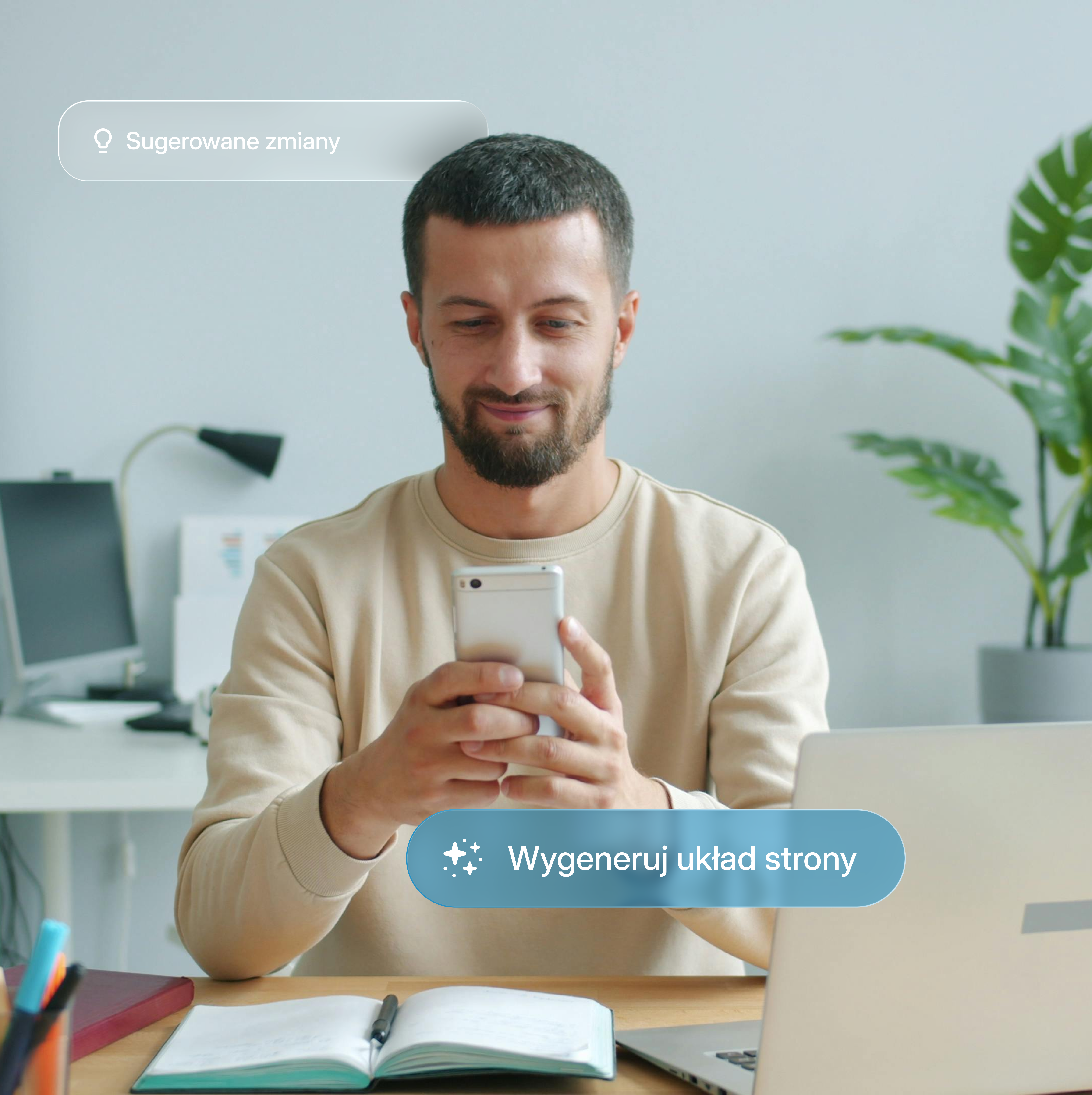 A man generating the layout of a new subpage with AI on his phone