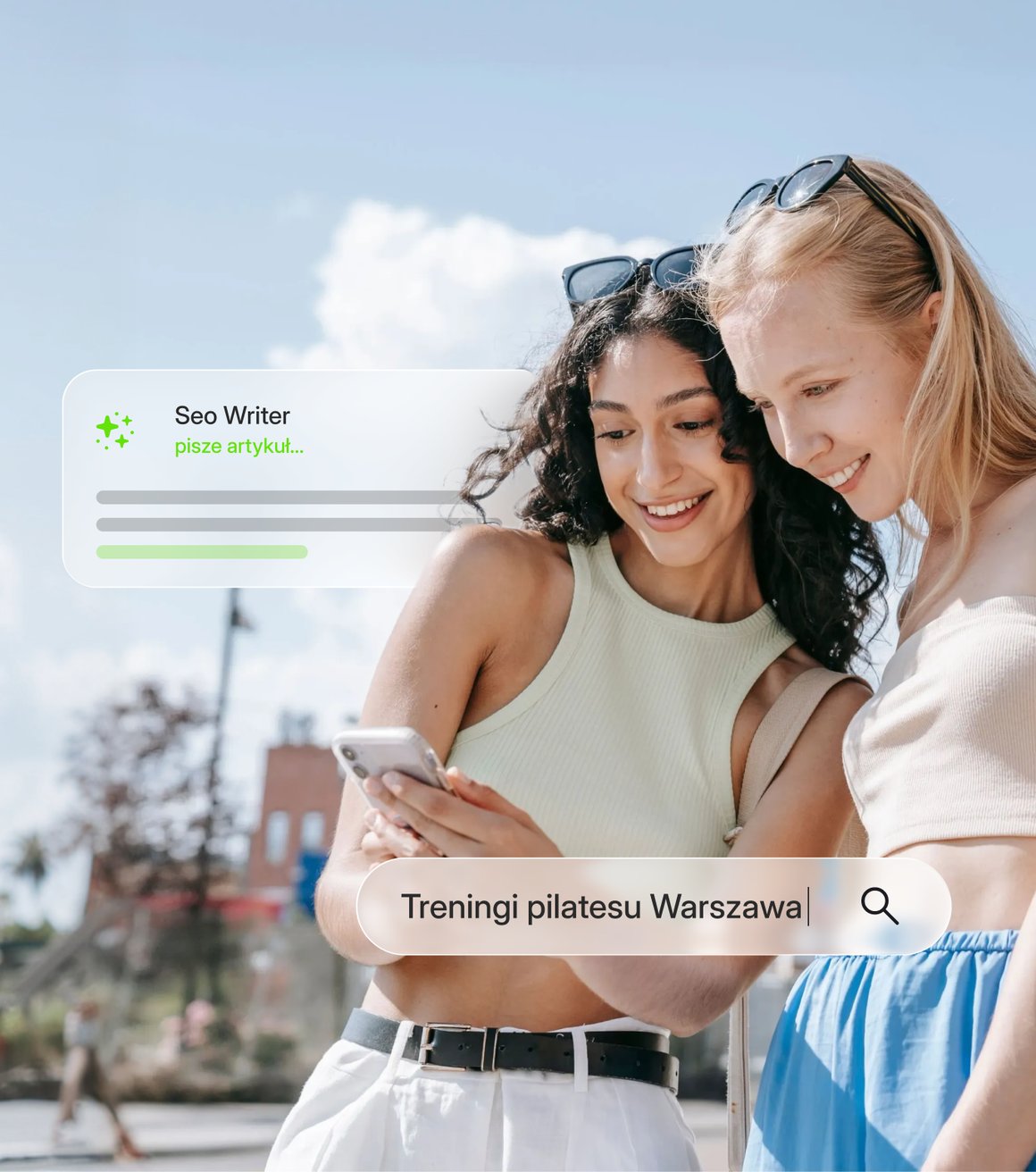 SEO Writer writing an article — phone showing a search for "Pilates classes Warsaw"